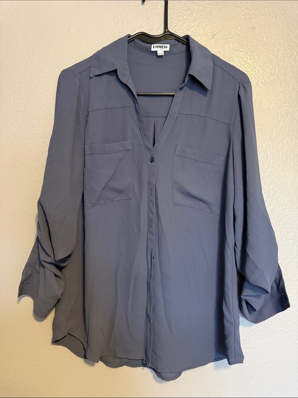 Express Slate Blue Button-Front Shirt Blouse